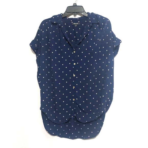 Madewell Tops - Madewell Womens Small Button Down Shirt High Low Navy Polka Dots Cap Sleeves
